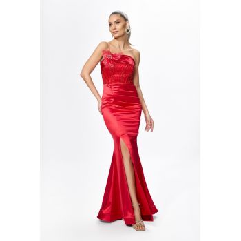 Rochie de ocazie premium tip sirena din licra satinat cu paiete si strass-uri Osiria Rosie