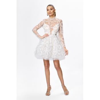 Rochie de ocazie tip baby doll din tull cu model floral Coramia Alba
