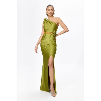 Rochie de ocazie tip sirena din licra cu flori 3D pe umari si talie Guadalupe Fistic