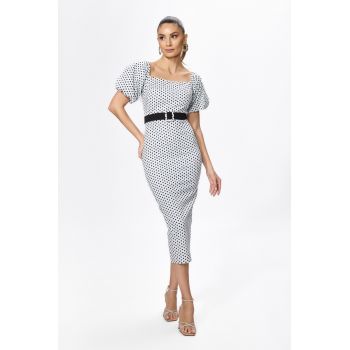 Rochie eleganta cu buline si maneci bufante Mianna Bicolora ieftina