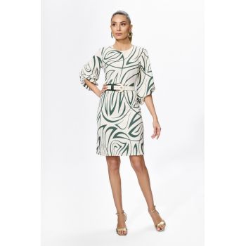 Rochie eleganta cu imprimeu si maneci usor bufante Edita Ecru