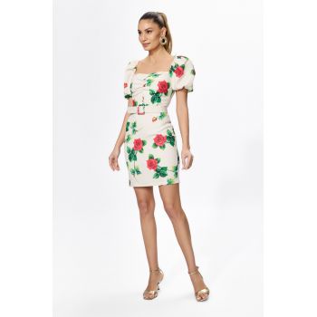 Rochie eleganta cu maneci bufante si imprimeu Raquelle Floral