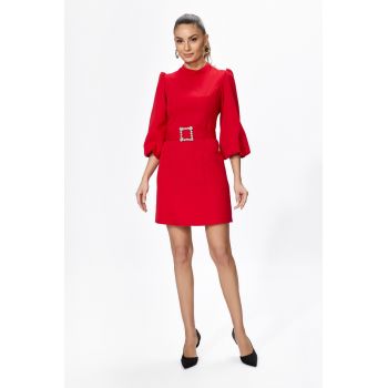 Rochie eleganta cu maneci trei sferturi bufante Mineli Rosie