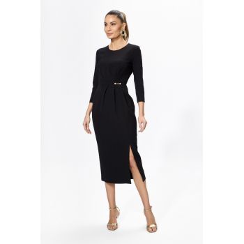 Rochie eleganta cu pliuri in talie si crepeu Eliana Neagra