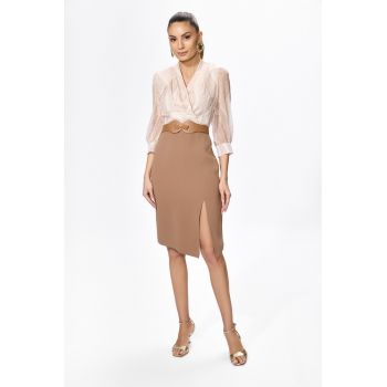Rochie eleganta din crepe si voal cu buline Renatta Bej
