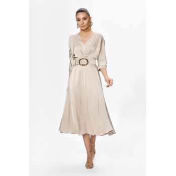 Rochie eleganta din satin cu decolteu in V Classy Bej