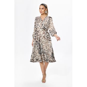Rochie eleganta din satin cu imprimeu Finola Bej Animal Print