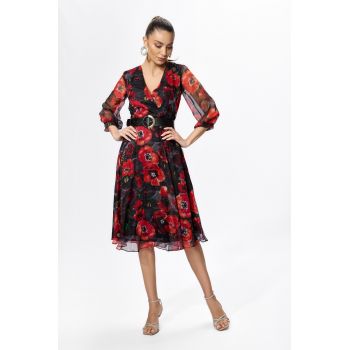 Rochie eleganta din voal cu imprimeu Lida Rosu Floral
