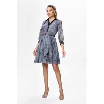 Rochie eleganta din voal cu imprimeu si insertii din satin Marisella Gri