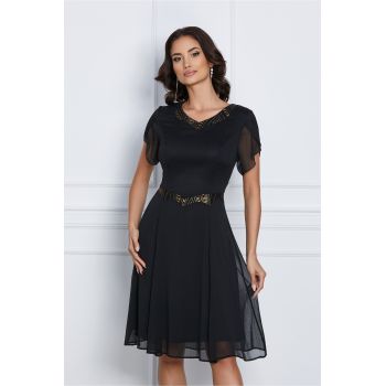 Rochie eleganta din voal neagra cu glitter auriu in talie si la decolteu ieftina
