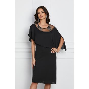 Rochie eleganta din voal neagra cu volan si broderie pe bust