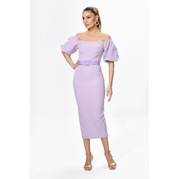 Rochie eleganta midi cu maneci bufante Mianna Lila