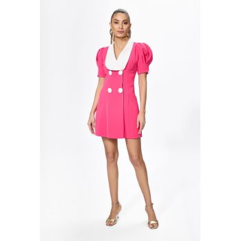 Rochie eleganta tip sacou cu maneci scurte bufante Brisilda Ciclam