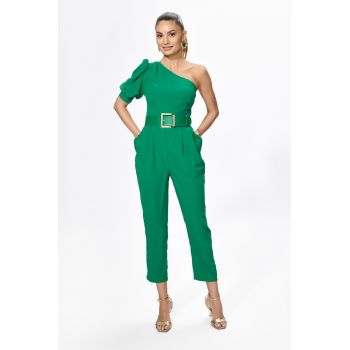 Salopeta eleganta cu buzunare si model one shoulder Loria Verde