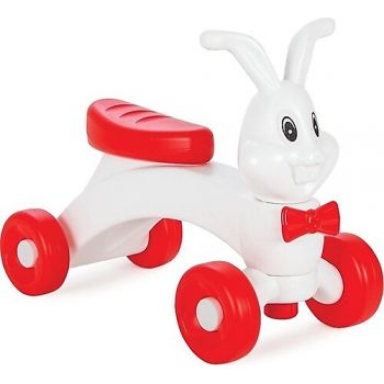 Vehicul ride on fara pedale pentru copii Pilsan Bunny Friends White din plastic durabil,piese demontabile,manere tip urechiuse,roti din plastic rezistent,de la 3 ani,greutate admisa 35kg,in geanta