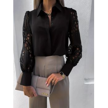 Bluza eleganta neagra de dama, maneca lunga, cu dantela, model 133