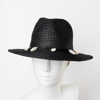 Palarie de paie impletita cu decoratiune din scoici, neagra