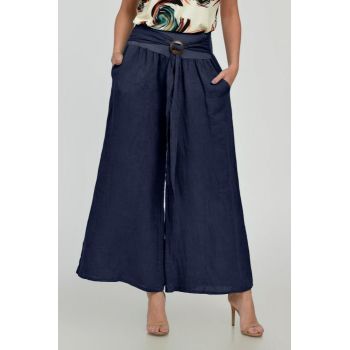 Pantaloni drepi, largi, de vara, din in, cu accesoriu de lemn, bleumarin