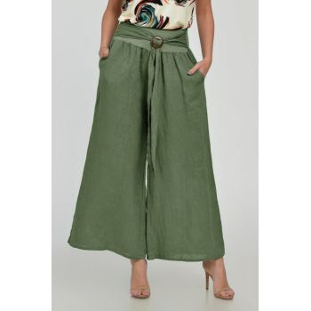 Pantaloni drepi, largi, de vara, din in, cu accesoriu de lemn, kaki