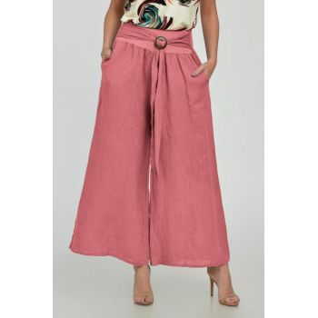Pantaloni drepi, largi, de vara, din in, cu accesoriu de lemn, roz inchis