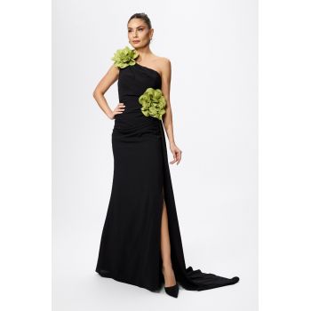 Rochie de ocazie premium cu model one shoulder si flori 3D Luigia Neagra