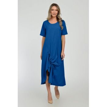 Rochie lunga A-line din in mercerizat cu siret la poale, albastra