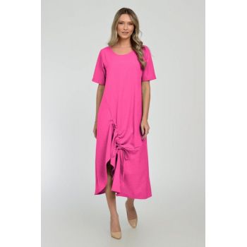 Rochie lunga A-line din in mercerizat cu siret la poale, fucsia