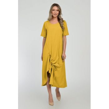 Rochie lunga A-line din in mercerizat cu siret la poale, galben mustar