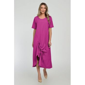 Rochie lunga A-line din in mercerizat cu siret la poale, magenta