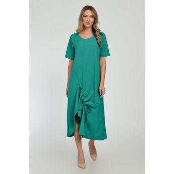 Rochie lunga A-line din in mercerizat cu siret la poale, turcoaz inchis