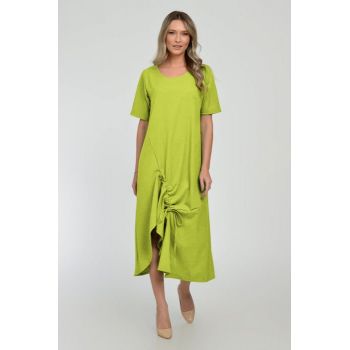 Rochie lunga A-line din in mercerizat cu siret la poale, verde lime
