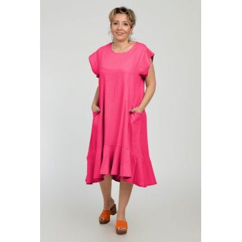 Rochie midi A-line din in mercerizat cu buzunare si volan, fucsia