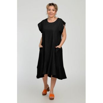 Rochie midi A-line din in mercerizat cu buzunare si volan, neagra