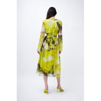 Rochie midi din voal printat galben cu maneci evazate