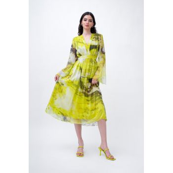 Rochie midi din voal printat galben cu maneci evazate
