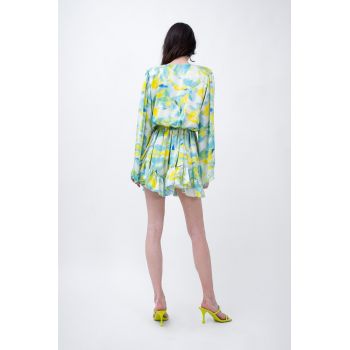 Rochie mini din print verde cu maneci evazate