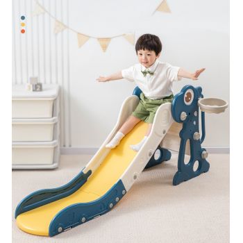 Tobogan pentru copii Nichiduta Garden Dinosaur Green, de interiorexterior cu mini-cos de Baschet si joc de precizie cu inele, prevazut cu scara, manere de sustinere, design pliabil, dimensiune 150 x 67.5 cm
