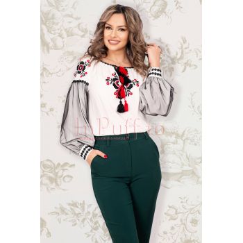 Bluza tip ie Effect alba cu motive traditionale brodate