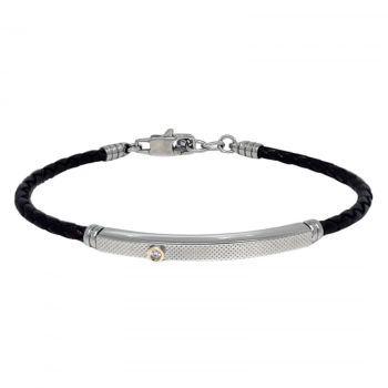 Bratara Barbati cu Diamant 0.015 ct si Aur 18K, din Piele Neagra si Otel Inoxidabil
