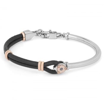 Bratara Barbati cu Diamant Negru Natural de 0.025ct, Otel Alb-Roz si Piele