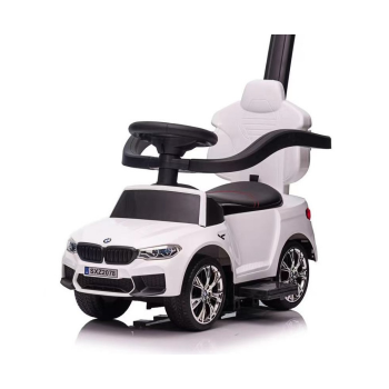 Masinuta carucior copii bmw Masinuta de impins cu maner parental 3-in-1 BMW M5 roti moi scaun tapitat Bluetooth faruri LED bmw copii 2078 Alb