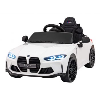 Masinuta electrica pentru copii 1-5 ani BMW M4 cu roti moi, scaun tapitat, Telecomanda 2.4GHz, Bluetooth, faruri si stop cu lumini LED, 12V 70W (2418) Alb