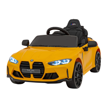 Masinuta electrica pentru copii 1-5 ani BMW M4 cu roti moi, scaun tapitat, Telecomanda 2.4GHz, Bluetooth, faruri si stop cu lumini LED, 12V 70W (2418) Galben