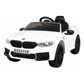 Masinuta electrica pentru copii 2-7 ani BMW M5 cu roti moi, scaun tapitat, Telecomanda 2.4GHz, Bluetooth, faruri si stop cu lumini LED, 12V 90W (2118) Alb