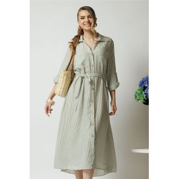 Rochie casual din panza ivory cu dungi kaki si nasturi ieftina la reducere