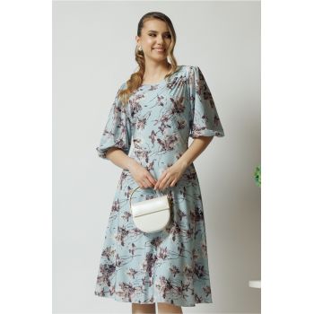 Rochie de zi din viscoza bleu cu imprimeuri florale gri