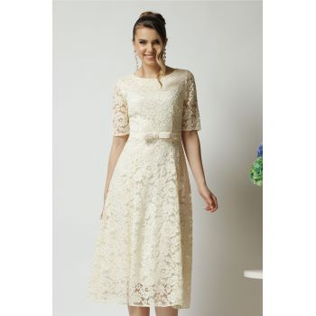 Rochie DY Fashion eleganta din dantela ivory cu maneci scurte