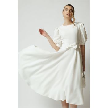 Rochie DY Fashion eleganta din stofa alba cu funda in talie