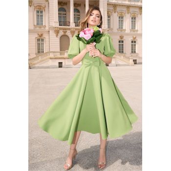 Rochie DY Fashion eleganta din stofa verde fistic cu funda in talie