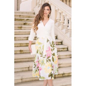 Rochie DY Fashion office din stofa si voal alba cu imprimeu pe fusta